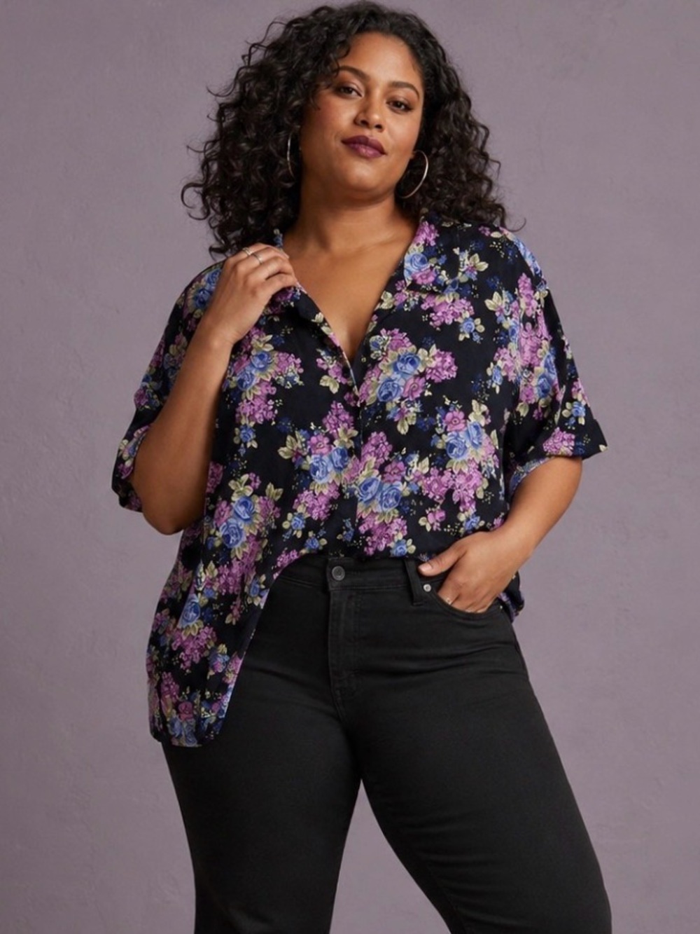 Elisabeth by Liz Claiborne Womens 20 Black Floral Button Front Blouse